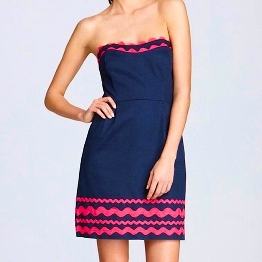 Vineyard Vines Ric Rac Strapless Dress in Navy and Pink